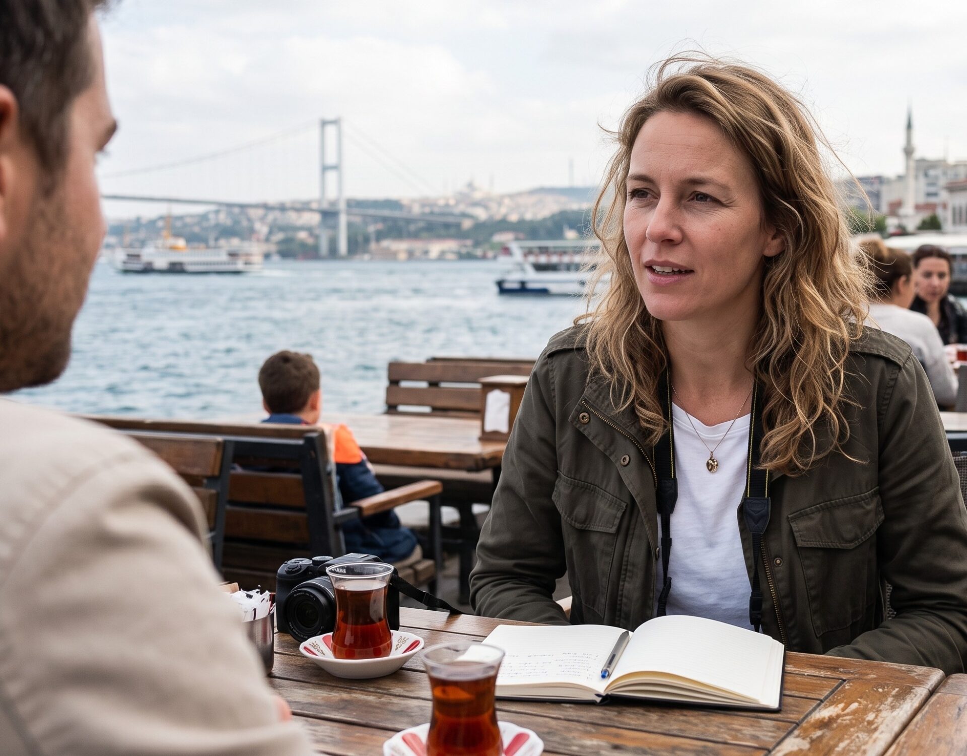 Reisredacteur Eefje Verschuren op een terras aan de Bosporus in Istanbul met een notitieboek, camera en traditionele Turkse thee